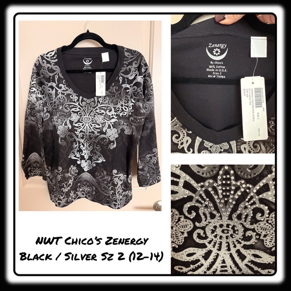 NWT Chico’s Zenergy Black tee with Silver. Studs. lightweight. Sz 2 (12-14).